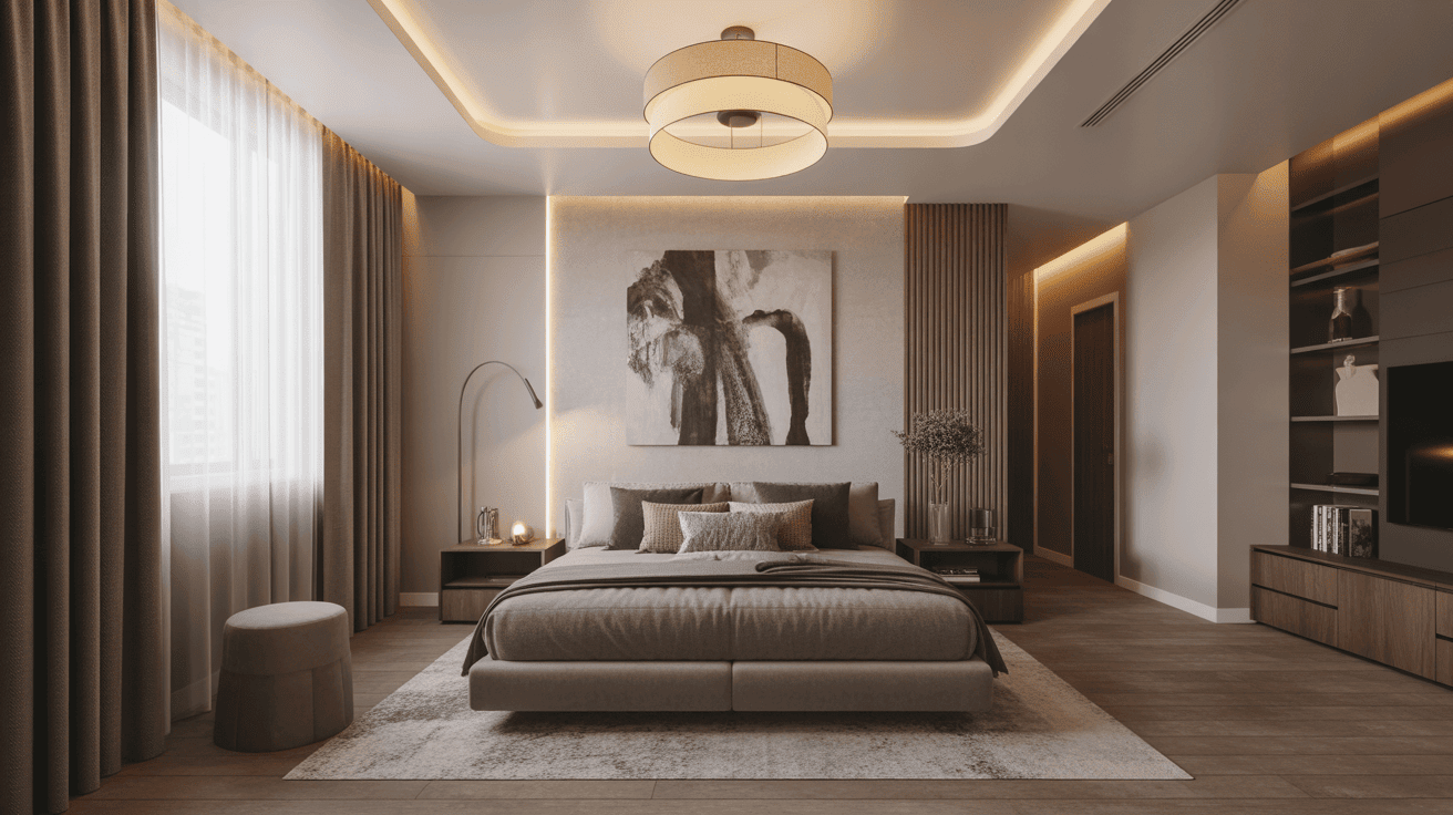 חדר שנה מעוצב עם תאורה