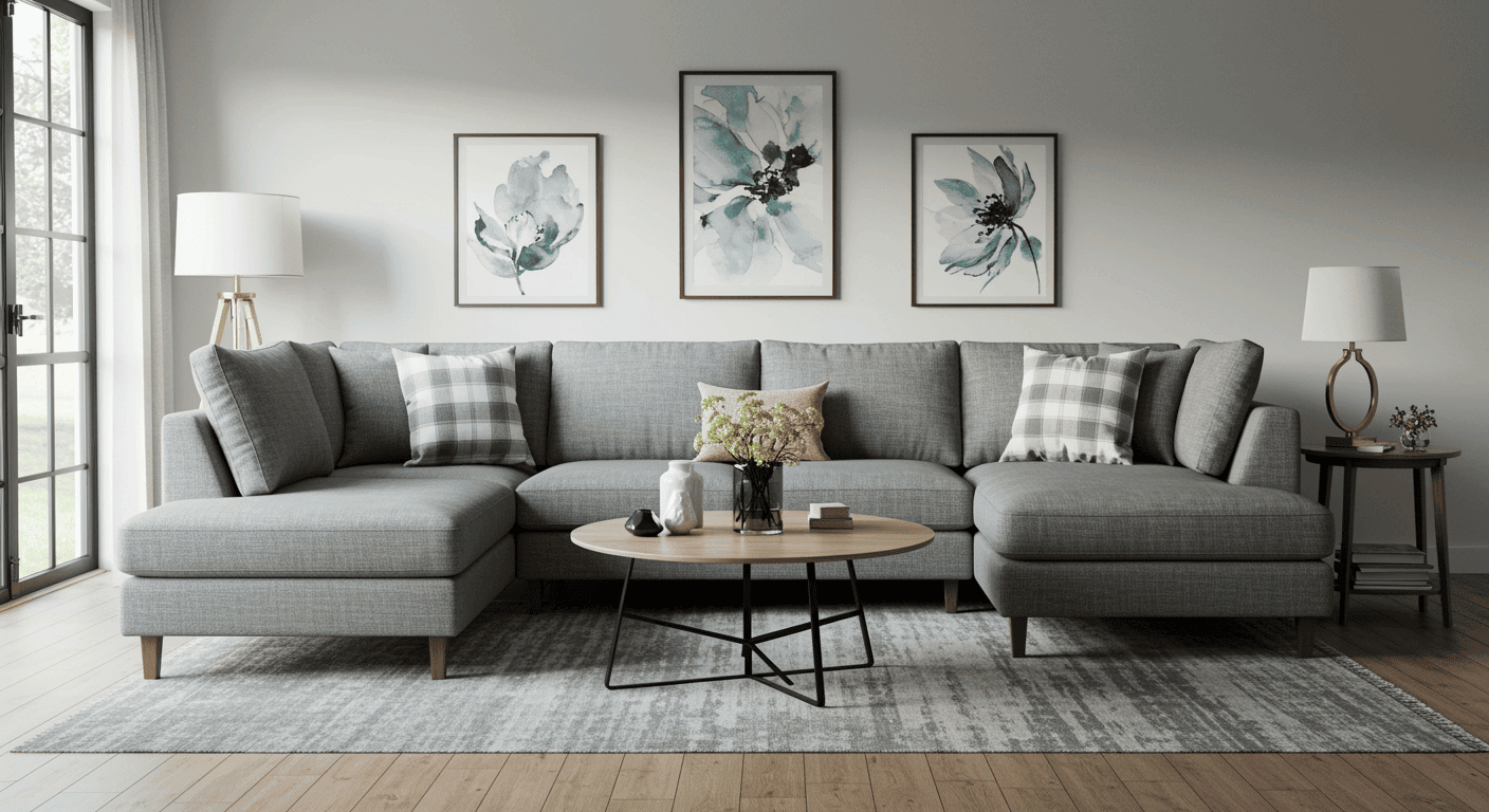 סלון מעוצב עם ספה באמצע