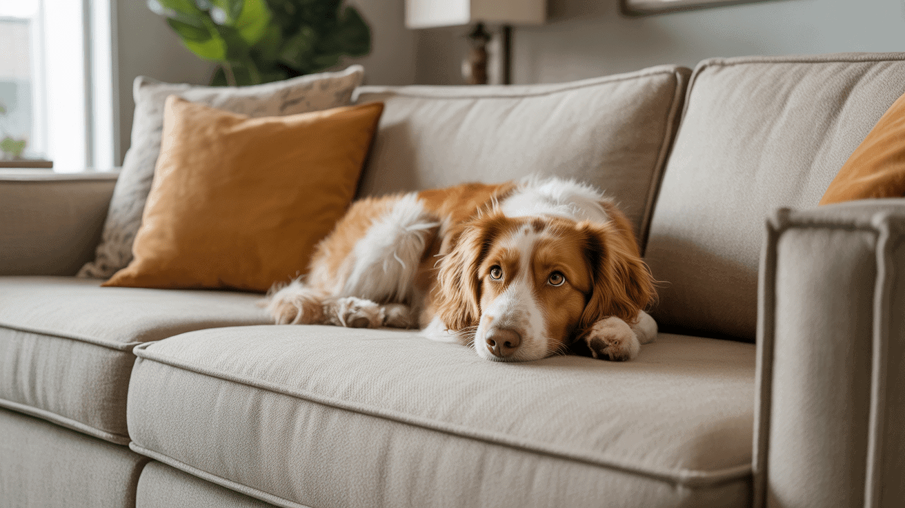 כלב שוכב על ספה בסלון