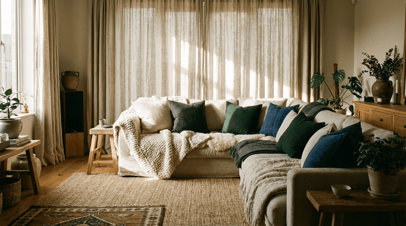 חלל פנימי חמים המדגיש טקסטיל עשיר: וילונות פשתן, שמיכות צמר, כריות בשכבות, שטיחים בעלי מרקם ובדים טבעיים. פלטת צבעים ניטרלית כבסיס, עם נגיעות של ירוק עמוק או כחול כהה. החלל מעניק תחושה מישושית, נעימה ומנחמת רגשית. צילום פנים איכותי.