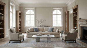 חלל פנימי מאוזן המציג רהיטים יוקרתיים בפרופורציות מושלמות בתוך החדר. הרהיטים משתלבים בהרמוניה, אינם גדולים מדי ואינם קטנים מדי. תקרות גבוהות, פלטת צבעים רגועה, עיצוב אלגנטי ועל־זמני, צילום פוטוריאליסטי.