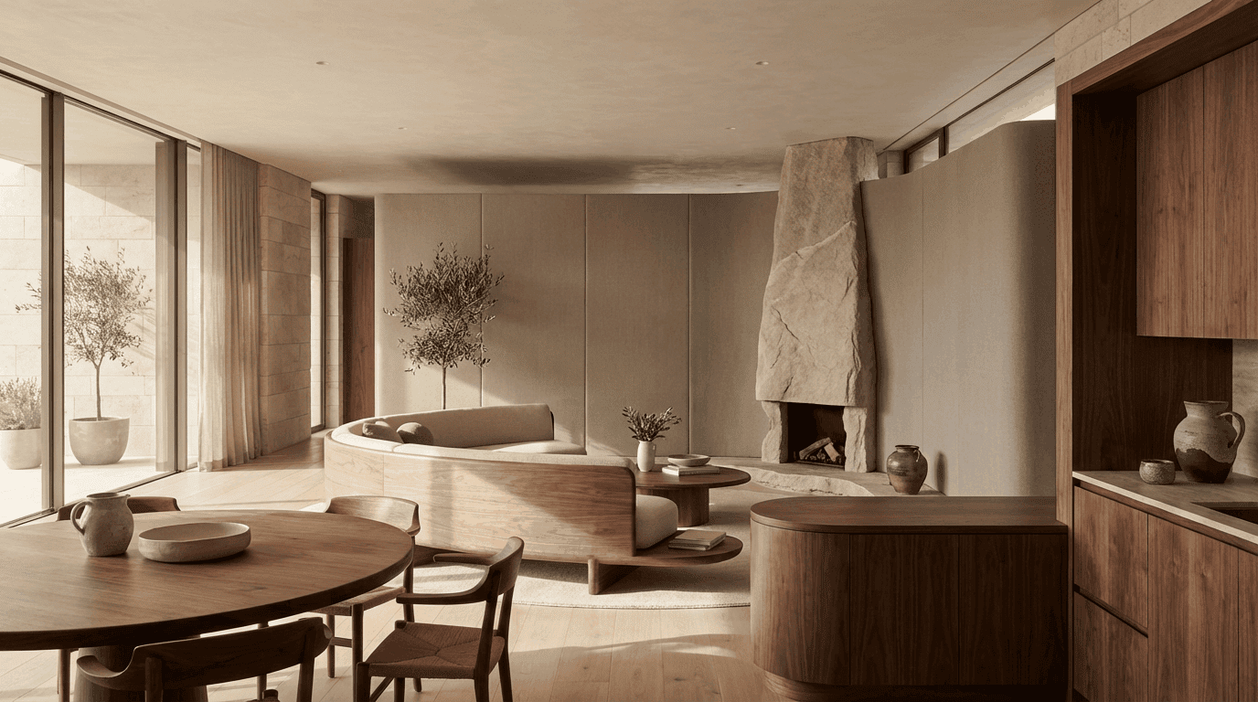 חלל פנימי יוקרתי עם רהיטים המותאמים בצורה מושלמת לחלל ומרגישים טבעיים והרמוניים בתוכו. תנועה פתוחה, זרימה אלגנטית ותחושת רוגע. צילום פנים ברמה מערכתית גבוהה, בגוונים חמימים ואווירה מעודנת.