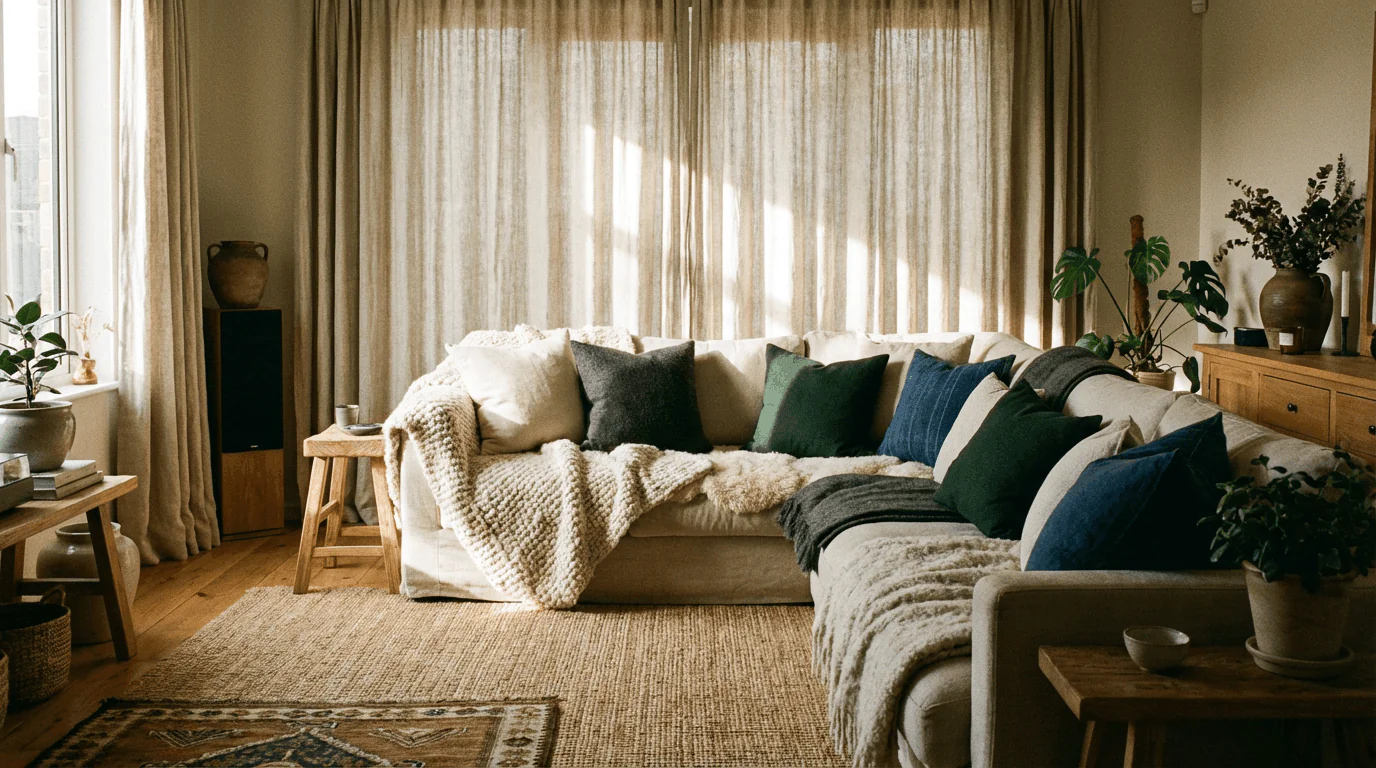 חלל פנימי חמים המדגיש טקסטיל עשיר: וילונות פשתן, שמיכות צמר, כריות בשכבות, שטיחים בעלי מרקם ובדים טבעיים. פלטת צבעים ניטרלית כבסיס, עם נגיעות של ירוק עמוק או כחול כהה. החלל מעניק תחושה מישושית, נעימה ומנחמת רגשית. צילום פנים איכותי.