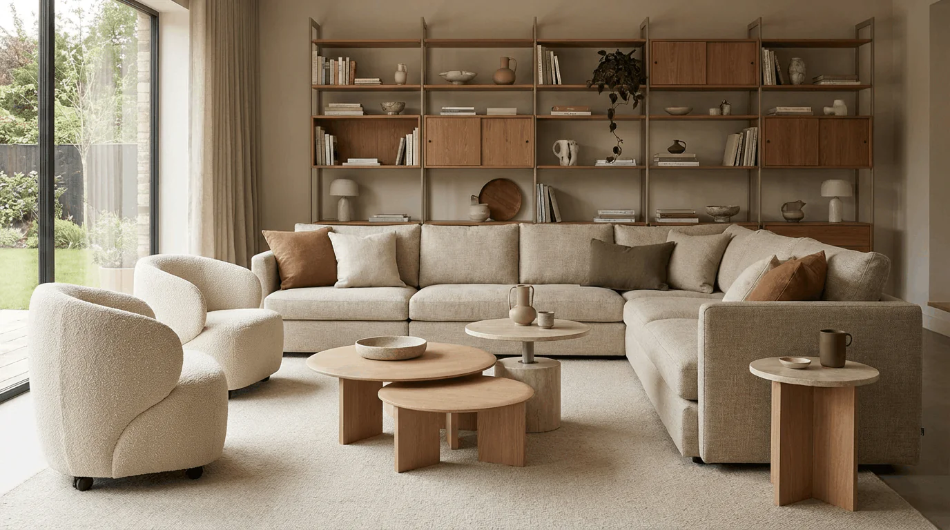 חלל מגורים מודולרי ומעוצב עם ריהוט גמיש: ספה הניתנת להרכבה מחדש, כורסאות ניידות, שולחנות מתכווננים ומדפים מודולריים. העיצוב משדר אלגנטיות וטבעיות, ללא מראה טכני. פלטת צבעים ניטרלית בגווני אדמה, בדים רכים ואסתטיקה נקייה אך חמימה. צילום פנים פוטוריאליסטי.